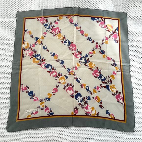Christian Dior Vintage Grey Square Border Floral Diagonal Grid Silk Scarf Read - Picture 8 of 9